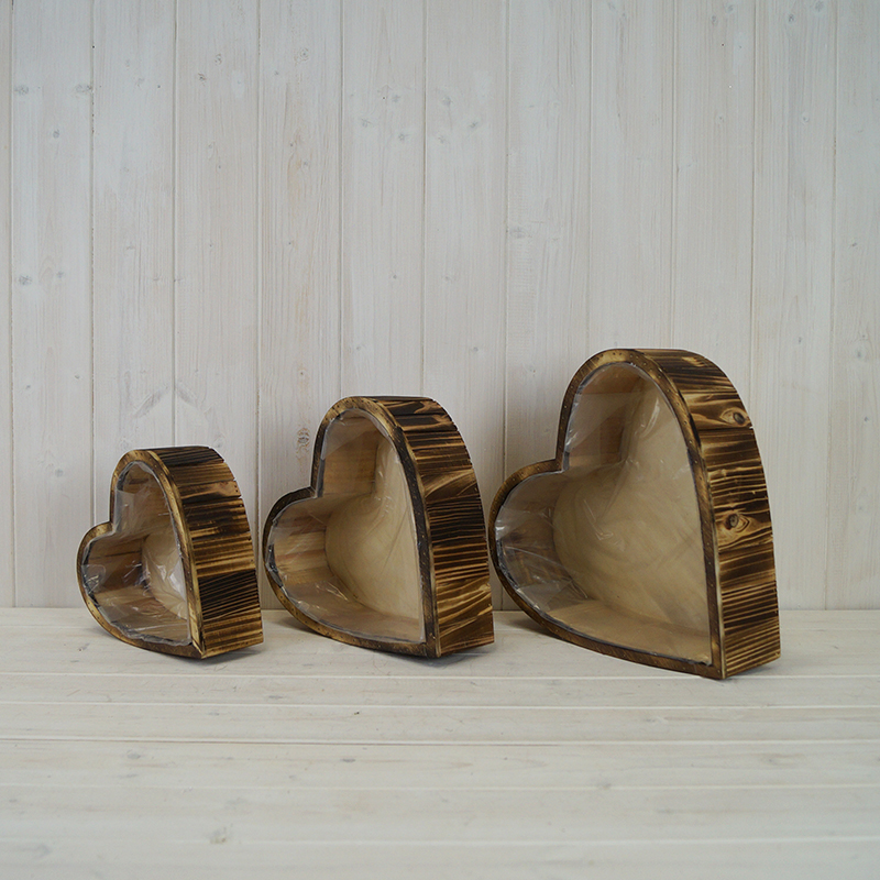 Set of Three Heart Wooden Planters detail page